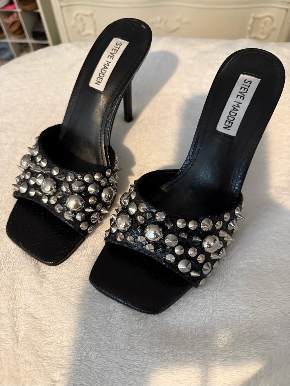 Steve Madden Black Studded Slide Heels with Silver Accents